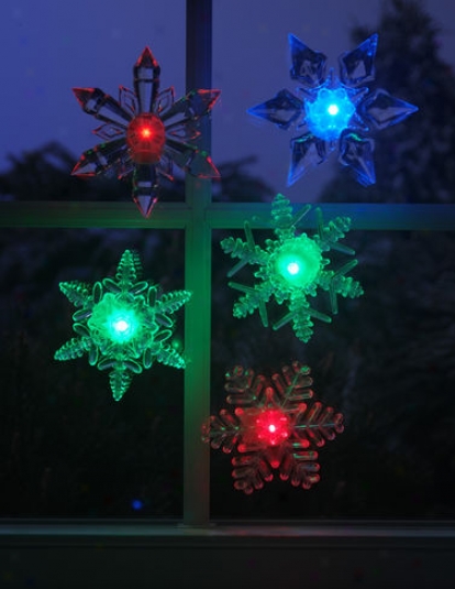 Led Snowflakes, White, Set Of 5