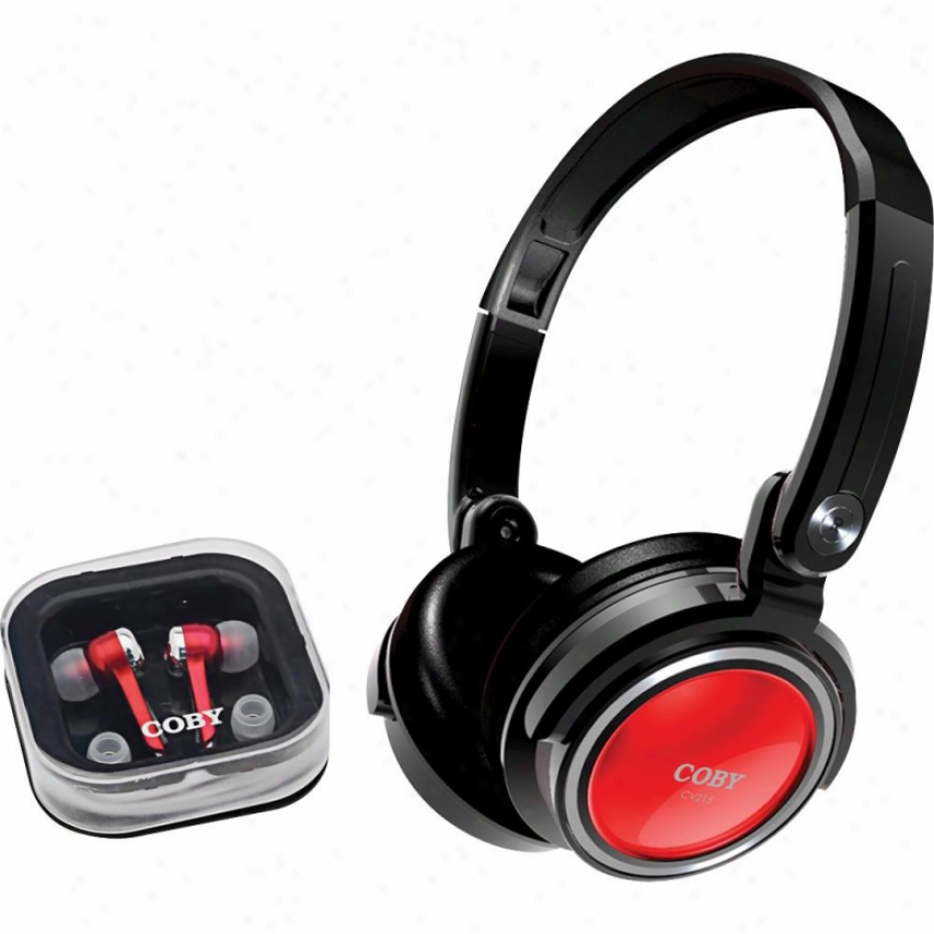 Coby Cv215 Red Folding Headphones And In-ear Earphones Pack