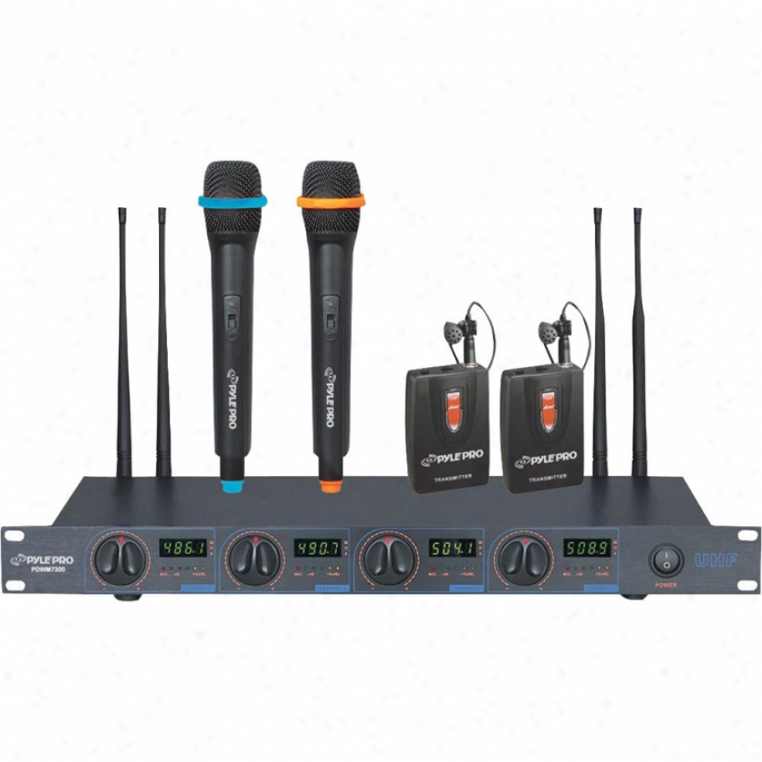 Pyle Rack Mount Professional 4 Mic Wireless Uhf Microphone System With 2 Lavalle