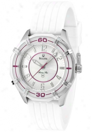 Bulova Women's Marine Star White Mother Of Pearl/silver Textured Dial White Rubber 96l144