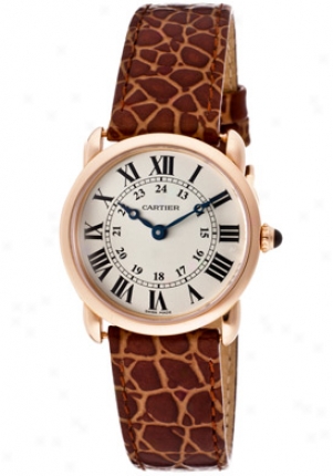 Cartier Women's Ronde Louis Cartier Silver Grained Dial 18k Rose Gold Case Light Brown Leather W6800151