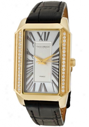 Christian Bernard Women's Heritage Cubic Zirconia Mop Dial Gold Tone Ip Case Black Leather Wt599zwe