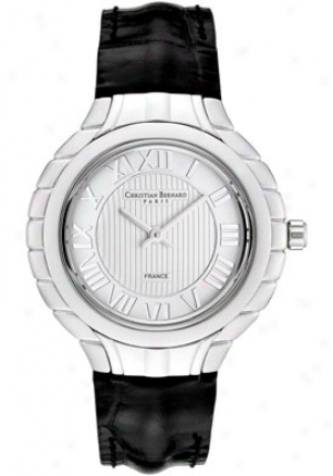 Christian Bernard Womeen's Silver Dial Black Leather La2368am