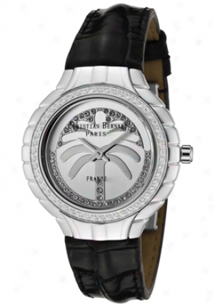 Christian Bernard Women's White Cubic Zirconia Silver Dial Black Leather La368zaa1