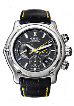 Ebel 1911 Btr (back To Roots) Mens' Automatic Chronograph Stainless Steel Black Dial On Black Leather Strap 9137l2/5335145ys