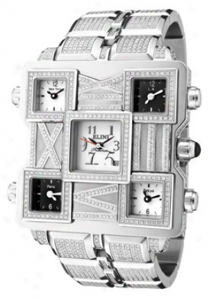 Elini Men's Square World Automatic White Diamond (7.00 Ctw) White Dial Stainless Steel 2706f