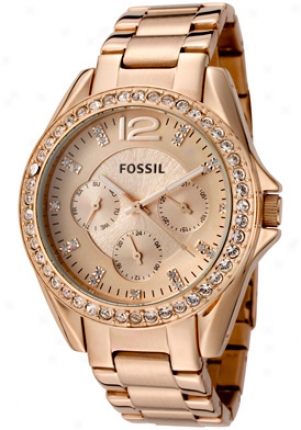 Fossil Women's Riley White Crystal Rose Dial Rose Gold Accent Ion Plate Stainless Steel Es2811