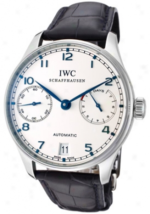 Iwc Men's Portugueze Automatic Silver Dial Dark Blue Leather Iw500107