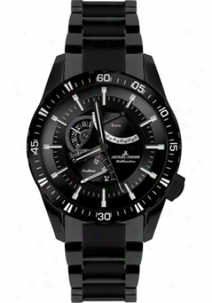 Jacques Lemanss Men's Liverpool Gmt 1-1584o High Tech Ceramic Stainless Steel Ip-black 1584o