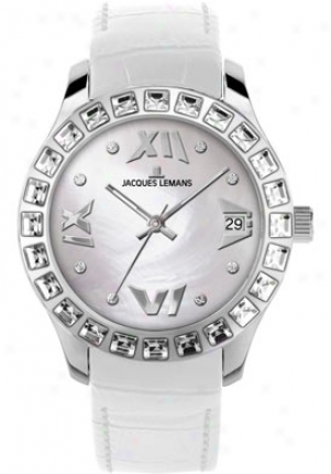 Jacques Lemans Women's Rome Swarovski Crystal1 -1571m White Leather 1571m