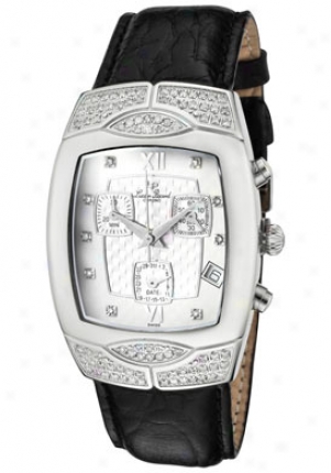 Lucien Piccard Women's Chronograph White Diamond (0.91 Ctw) Silver Textuerd/white Dial Black Genuine Leather 27967bk