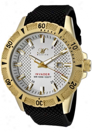 Magico Men's Invader Silver Textured Dial Gold Tone Ip Case Blakc Textured Silicone 325-yg-02s