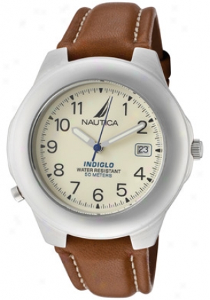 Nautica Men's Indiglo Ivory Dial Brown Leather N07501