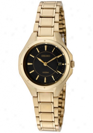 Seiko Women's Quartz Gold Plated W/ Black Dial Sxde18p1