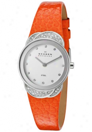 Skagen Women's White Swarovski Crystal White Dial Orange Genuine Leather 818sslo