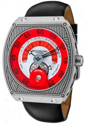 Stuhrling Original Men's Zephyer Automatic Red & White Dial Black Genuine Leather 282-331574