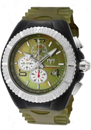 Technojarine Cruise Magnum Chronograph White Diamond Olive Green Mop Dial Olive-green Green Transparent Silicone 108033