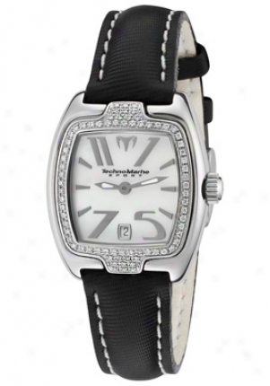 Tschnomarnie Women's Red Square White Diamond White Mop Dial Black Textured Leather Drsql05