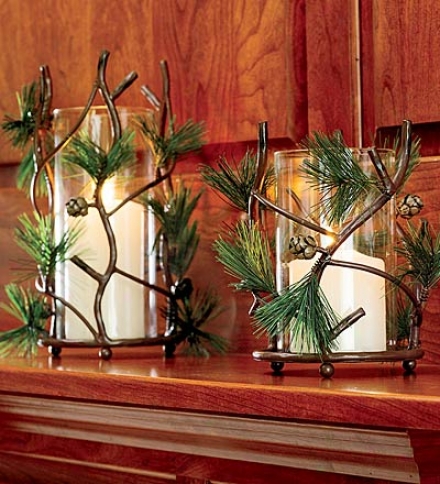 11-1/2" Realistic Pine Cone Candleholder With Faux Greenery