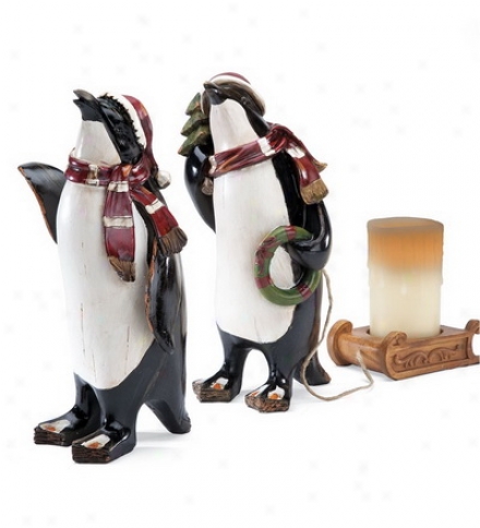 15"h Resin Penguin With Candle-holding Sled