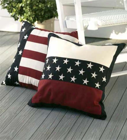 18" Sq. Weather-reskstant Cotton Americana Embroidered Star Band Pillow