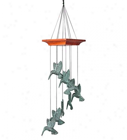 8-chime Cast-metal Hummingbird Spiral Wind Chime In A Verdigris Perfect