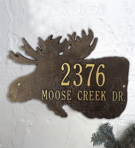 Americam-made Moose Silhouette Address Plaque In Cast Aluminum