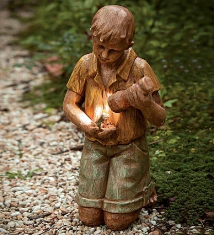 Boy With Flashlight And Frog Solar Garden Statue