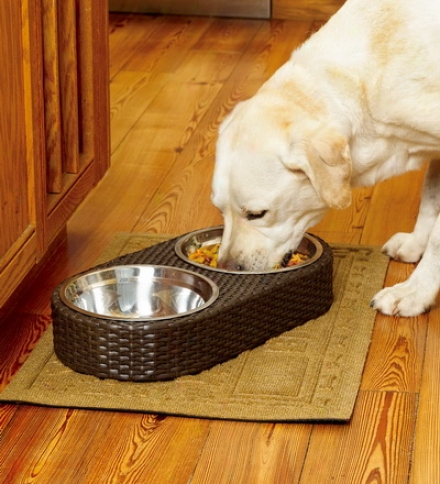 Brown Resin Wicker Pet Feeder With Two Steel Bowls