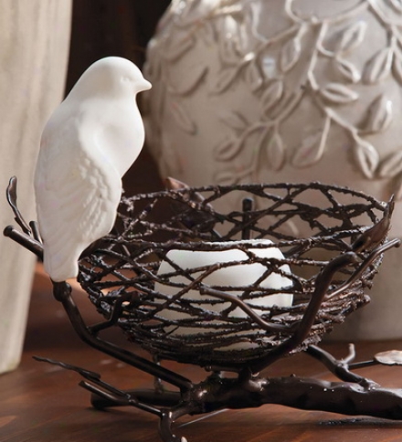 Ceramic And Metal Bird Nest Candle Holder