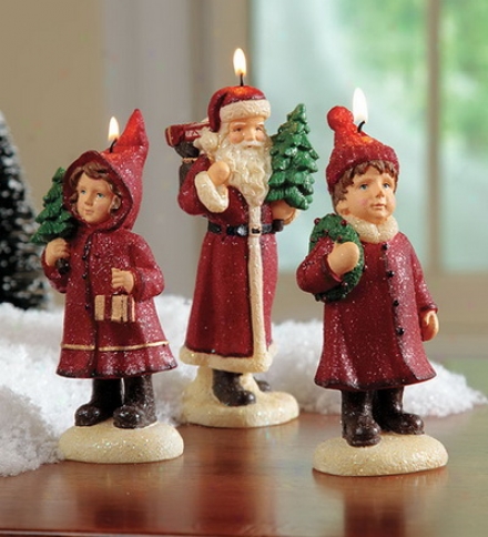 Charming Retro Christmas Candles, Set Of 3: Santa, Boy, Girl