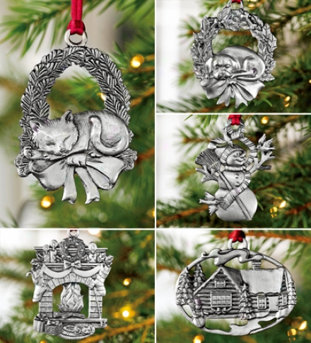 Classic Holliday Collection Set Of 5 Pewter Ornaments