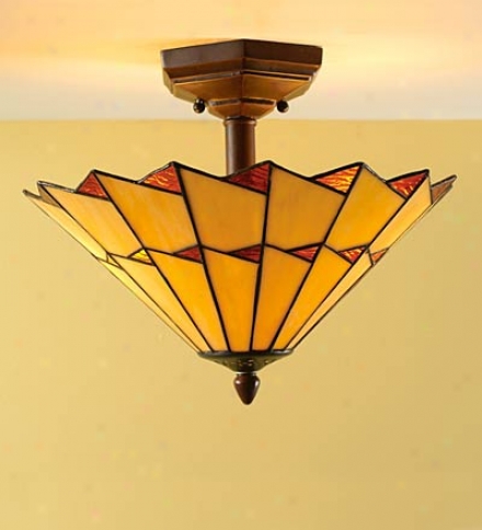 Copper-foiled Stained Glwss Ceiling Light In Amber And Ivory