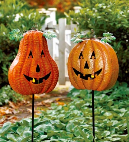 Decorative Painted Metal Pumpkin Yard Stakes, Set Of 2