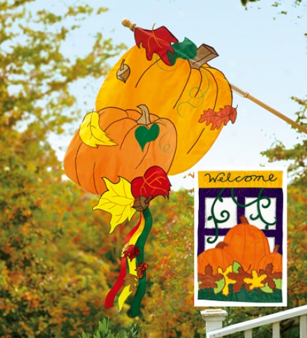 Fade-resistant Deluxe Pumpkin Banner, 'welcome' Garden Flag Starter Kit With Flagpole And Bracket Kit