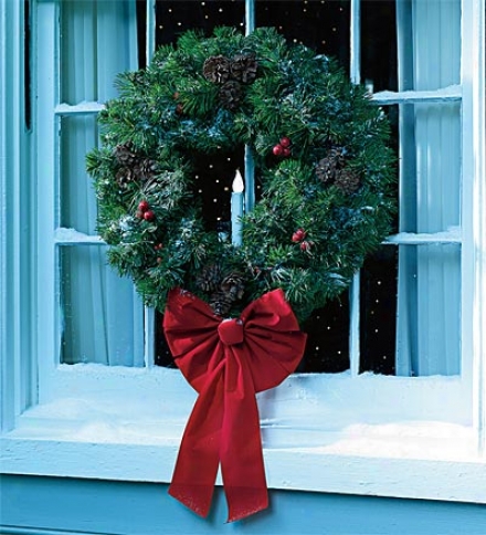 Faux Fir Indoor/outdoor Wreath With Battery-operated Timer Candles