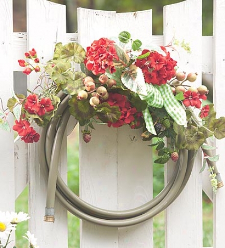 Garden Hose Seasonal Wreath Accent With Flowers, Berries And Gingham Bow