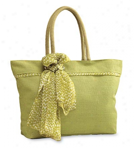 Green Marina Jute Tote Upon Removable, Coordinating Scarf