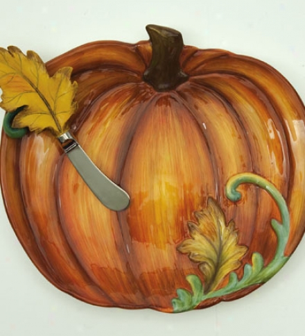 Hand-painted Ceramic Pumpkin Plate And Leaf Cheese Spreader