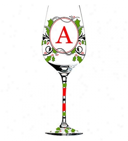 Hand-painted Monogramme Holiday Wine Glass Attending Red And Green Holly