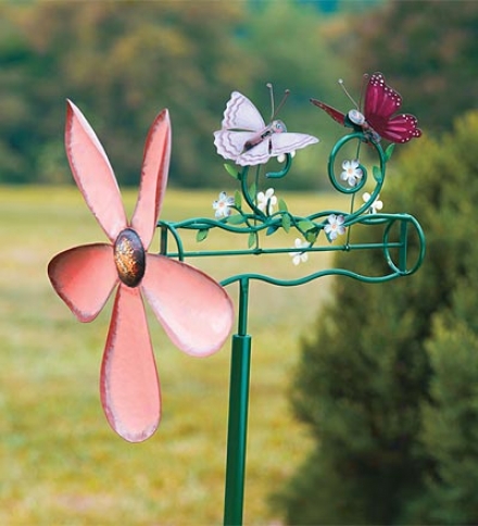 Handcrafted Metal Kinetic Butterflies Whirligi tWith Pole