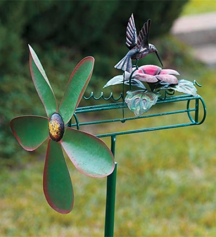 Handcrafted Metal Kinetic Hummingbird Whirligig By the side of Pole