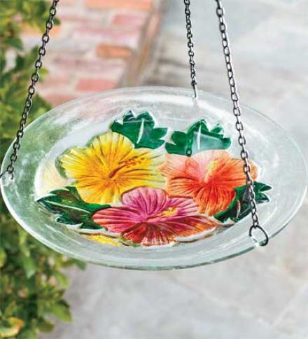 Hanging Fused Glass Birdbath With Metal Hanger