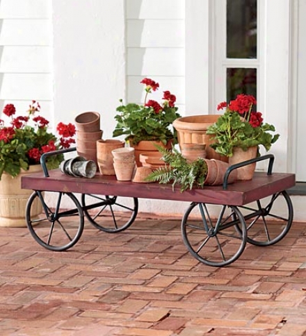 Indoor/outdoor Rolling Antique Red Metal Cart