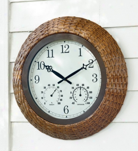 Indoor/outdoor Wicker Wall Clock/thermometer With Easy-to-reaf Numbers