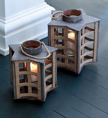 Large Wooden And Rope Star Shaped Lantern