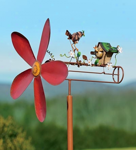 Mama And Baby Bird Feeding Time Whirligig Garden Accent With Stake