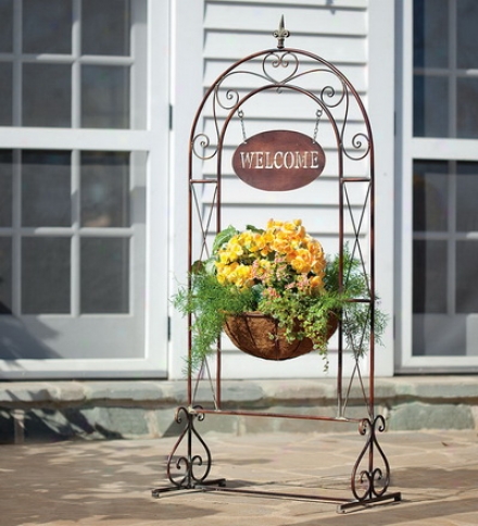 Metal Scrollwork Welcome Sign Basket Planter With Bell Accent