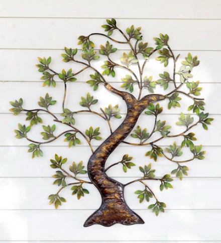 Metal Twisted Tree With Green Foliage Wall Art
