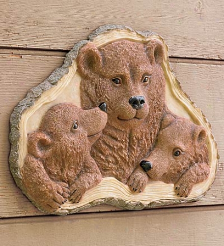 Outdoor Cast Resin Bear Family Plaque On Wood Slice Backdrop